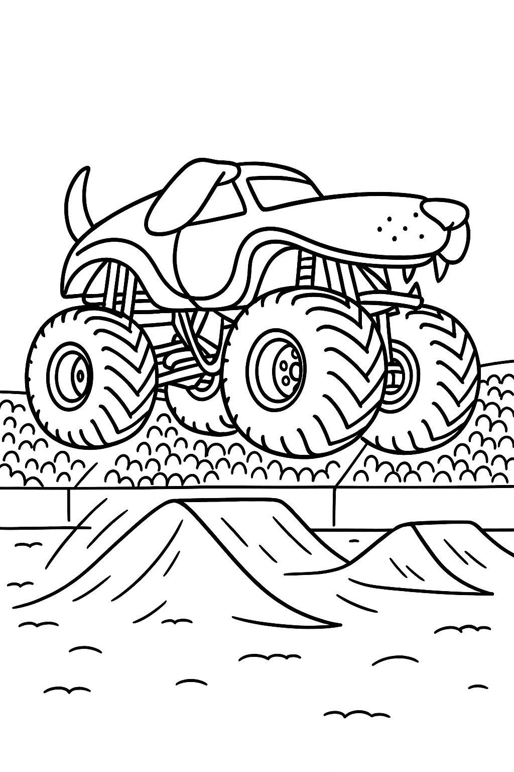 a monster truck in the style of monster mutt from monster jam with no eyeballs jumping high off ramps at a monster jam competition with a crowd in the background