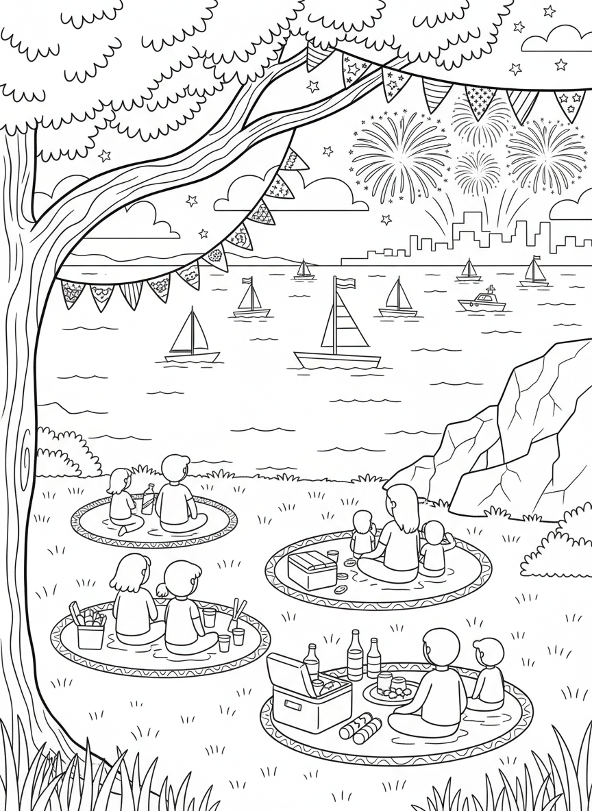 Fourth of July coloring page prompts celebrating summer patriotism, fireworks, parades, backyard traditions, and small-town American scenes.	A lakeside Fourth of July picnic with blankets spread on the grass, coolers open, and families watching boats drift slowly by beneath strings of patriotic bunting.