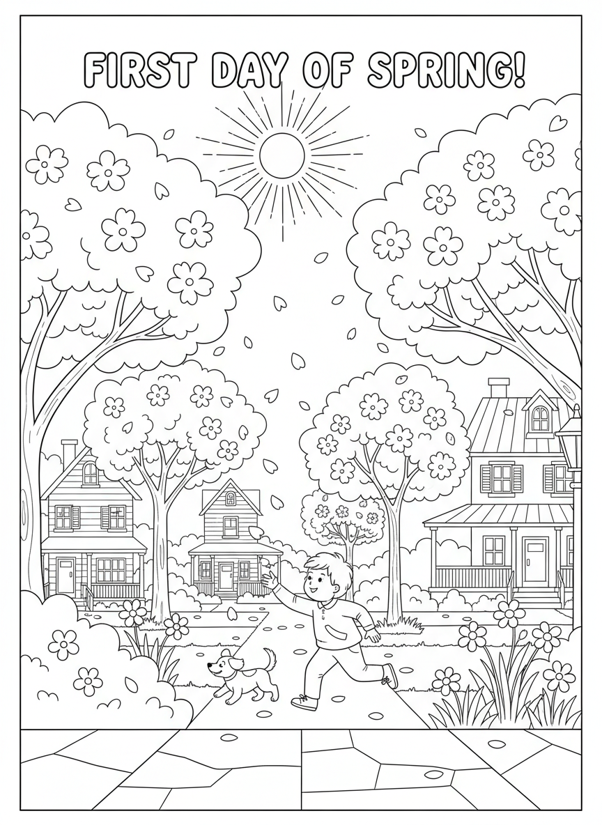 First Day of Spring coloring page prompts celebrating renewal, blooming landscapes, fresh air, and seasonal optimism.	A neighborhood sidewalk lined with blossoming trees, petals drifting gently in the breeze.