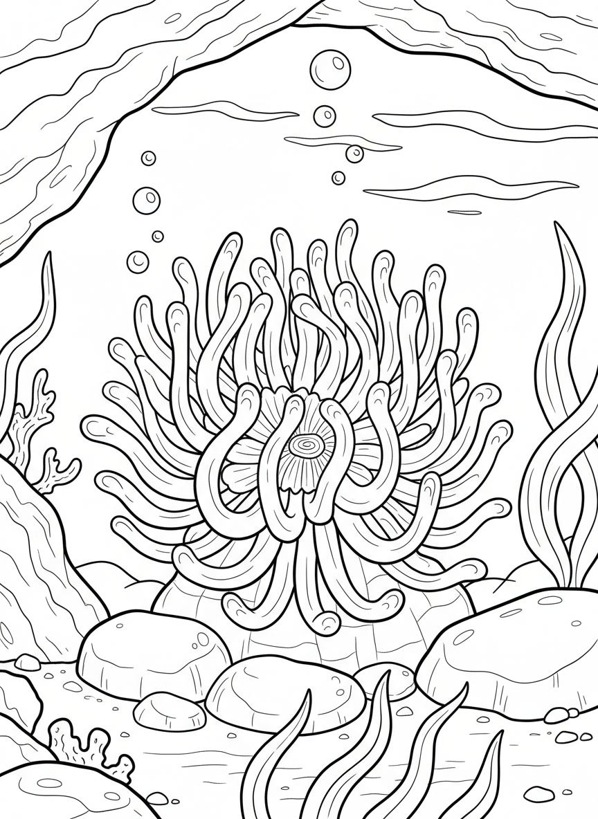 Single elegant sea anemone in full bloom viewed from above, showing radial symmetry with detailed tentacle tips