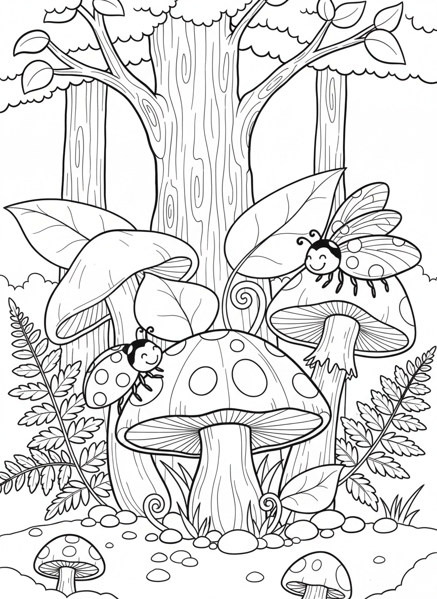 A group of three ladybugs with different spot patterns playing on mushrooms in a forest.