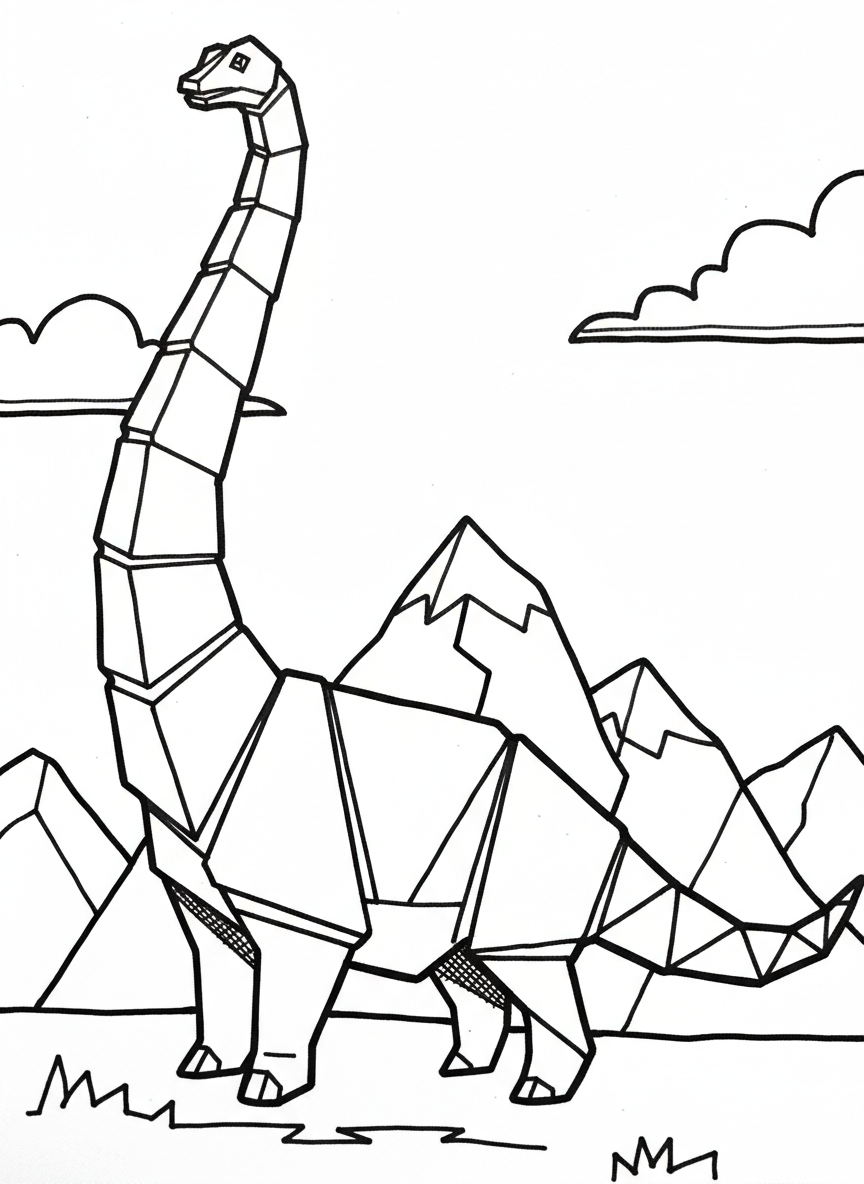 An origami Diplodocus with an extremely long neck and tail made of connected geometric segments, stretching across the page.