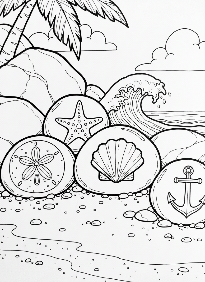 Five tiny rocks each painted with a single tide pool element: a sand dollar, sea star arm, shell, wave, and anchor