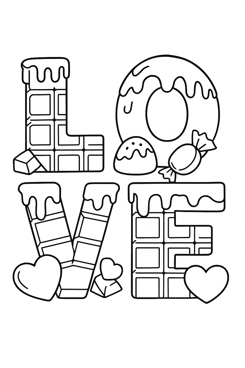 The word “LOVE” formed entirely out of stacked chocolate bars, truffles, and chocolate hearts, dripping chocolate details, candy wrappers tucked between letters, playful and indulgent Valentine’s theme