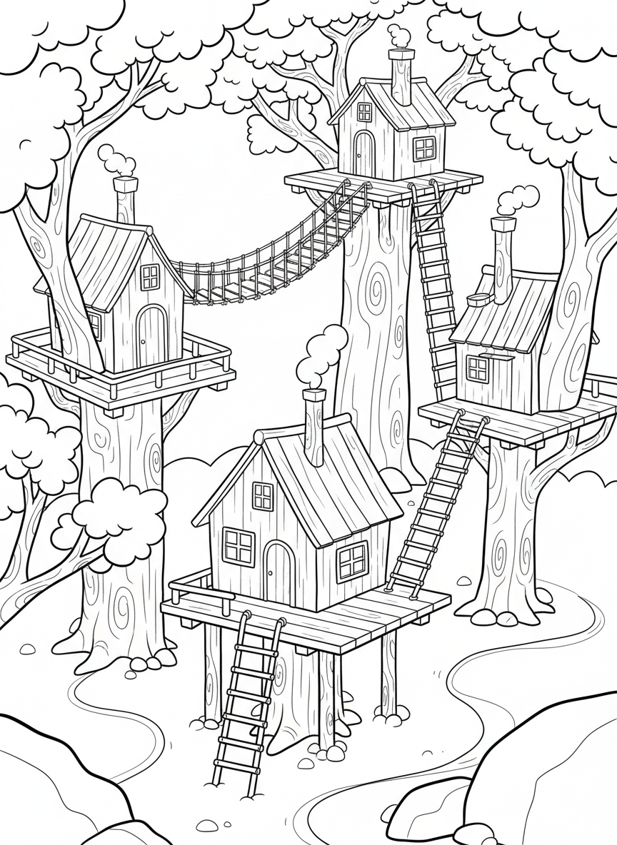 A treehouse village with three connected platforms linked by rope bridges and ladders between multiple trees.