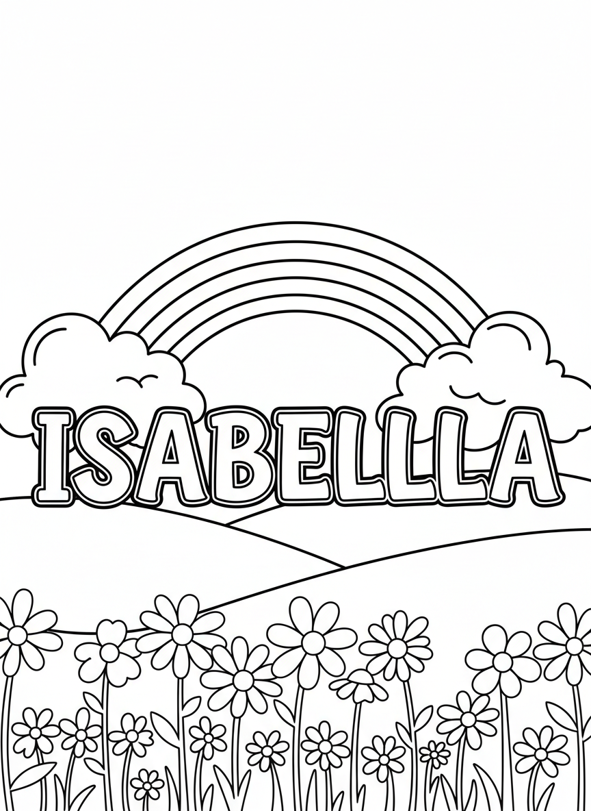 The name ISABELLA in elegant letters with a rainbow arching over the top and clouds at the sides, coloring page design