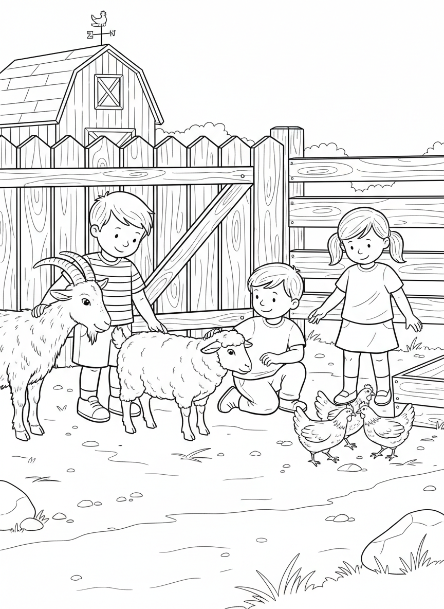 Children petting farm animals at a petting zoo area, including goats, sheep, and chickens in a barnyard setting