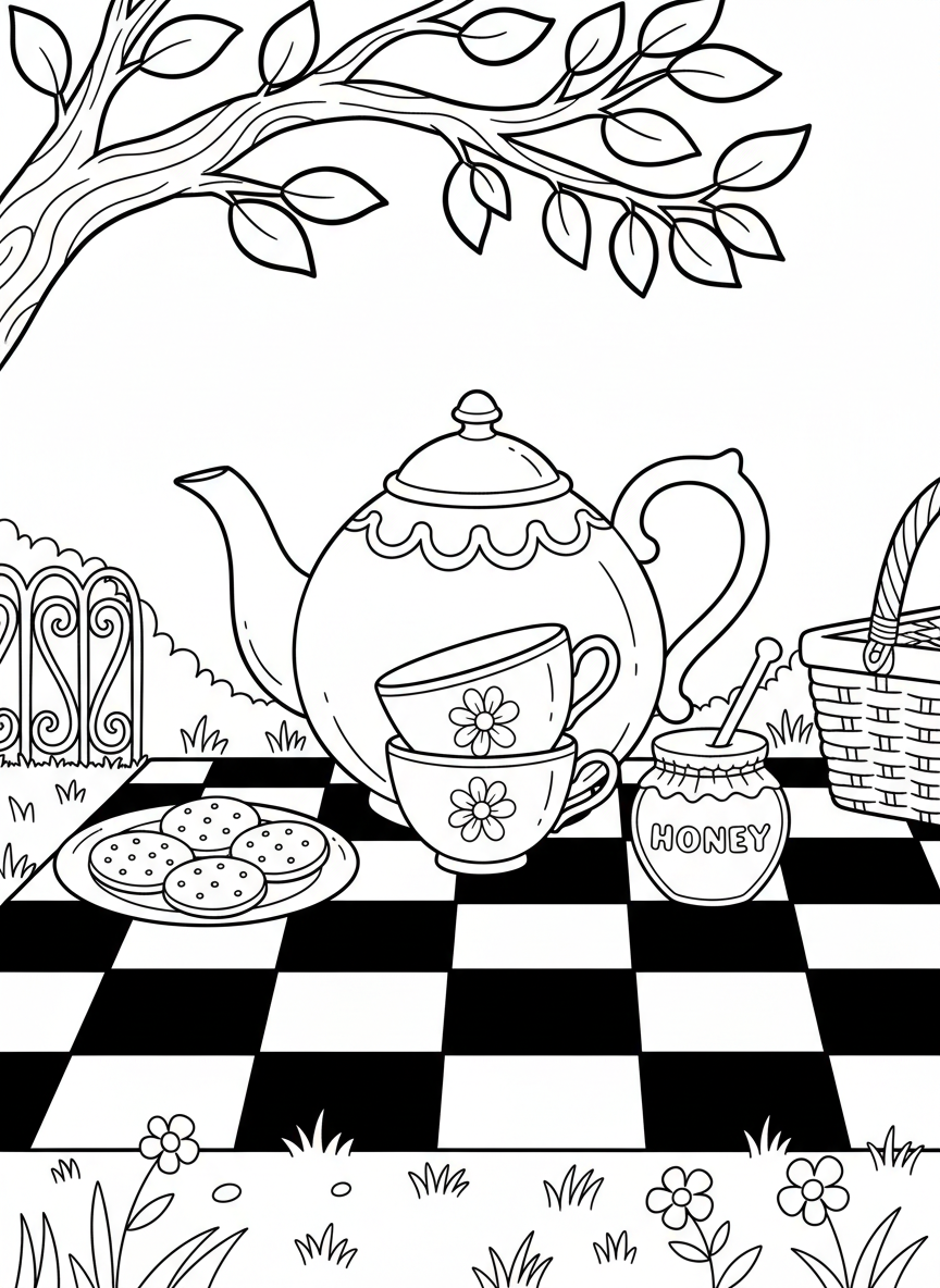 A tea party scene on a checkered tablecloth with a teapot, stacked teacups, a honey jar, and a plate of biscuits.