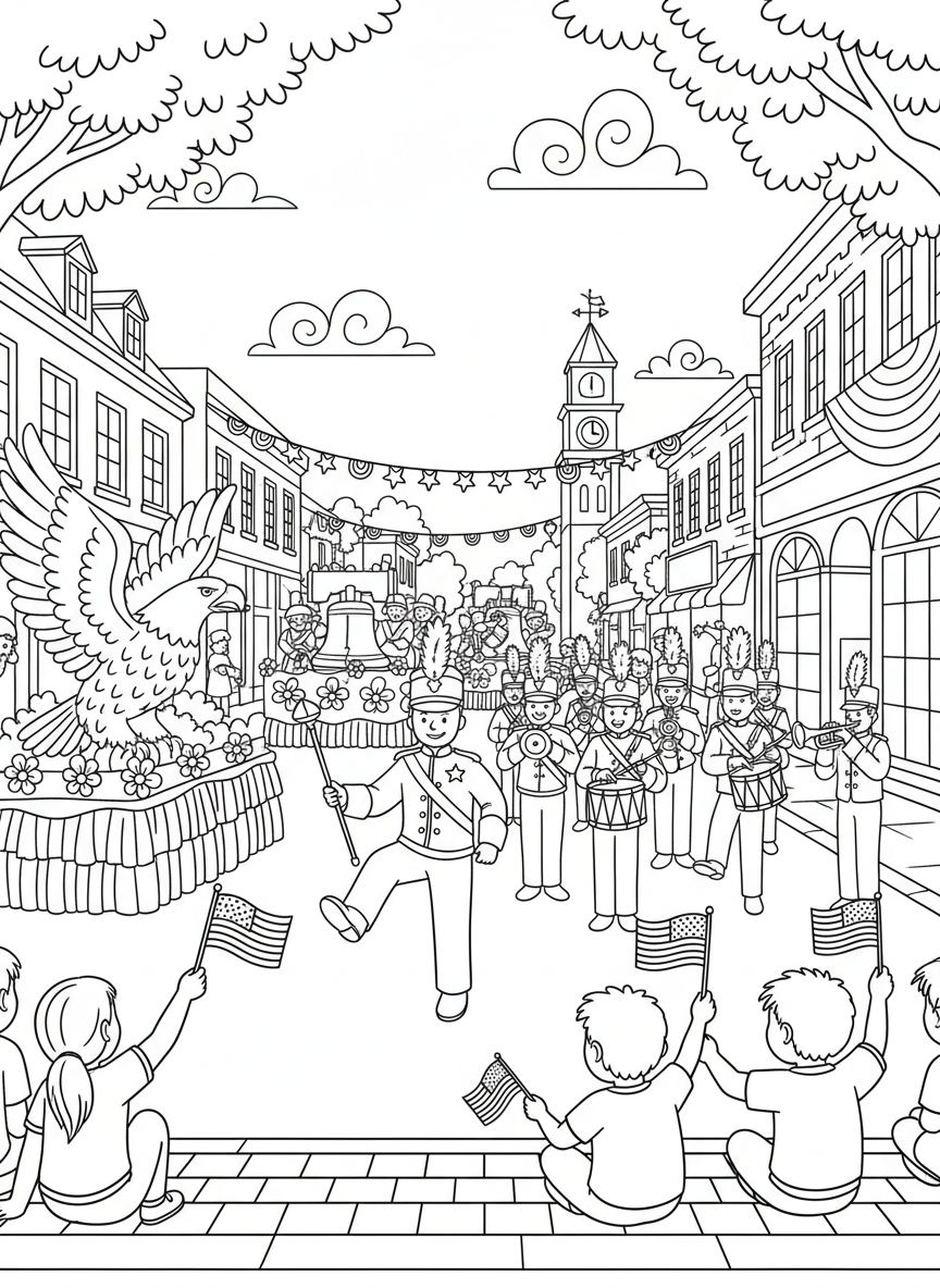 Fourth of July	Fourth of July coloring page prompts celebrating summer patriotism, fireworks, parades, backyard traditions, and small-town American scenes.	A small-town Fourth of July parade moving down a sunlit main street, marching bands playing proudly as children wave flags from the curb and decorated floats roll past historic storefronts.