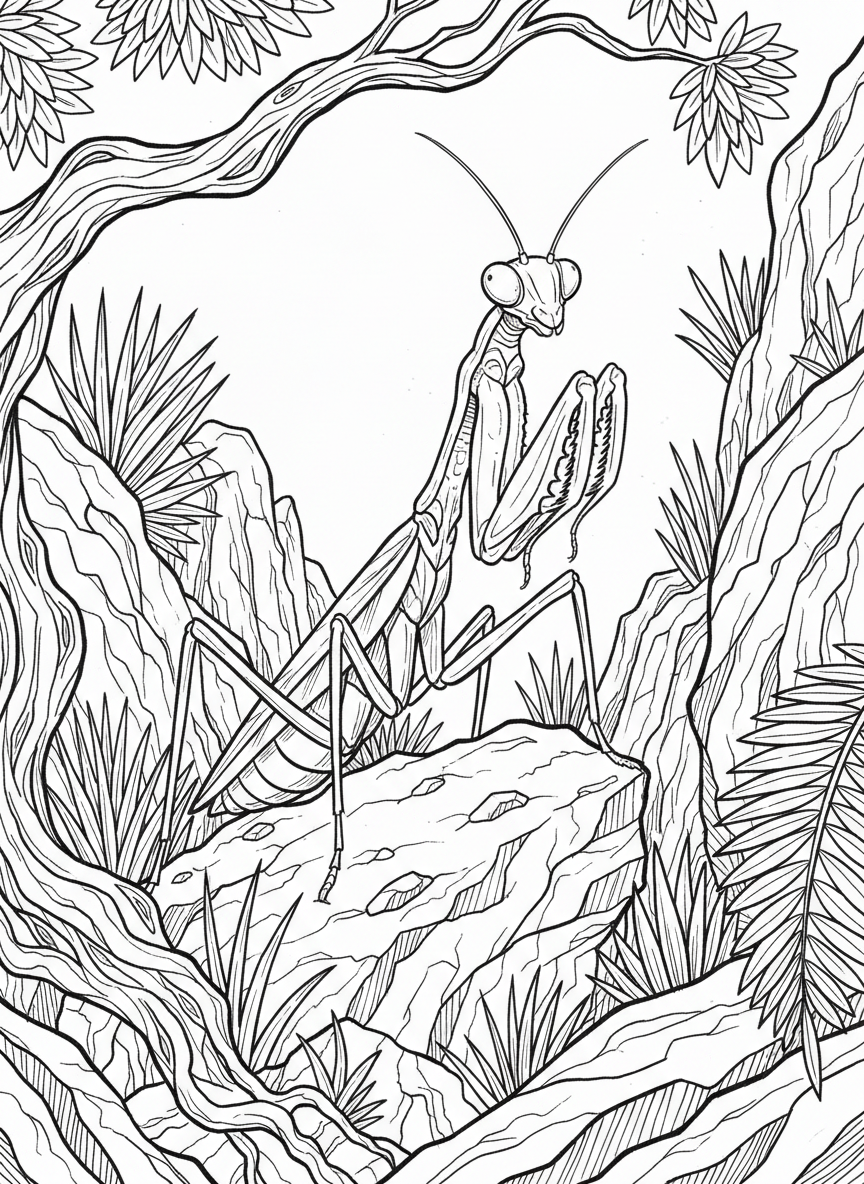 A praying mantis standing on a rock with its distinctive front legs folded, detailed line art.