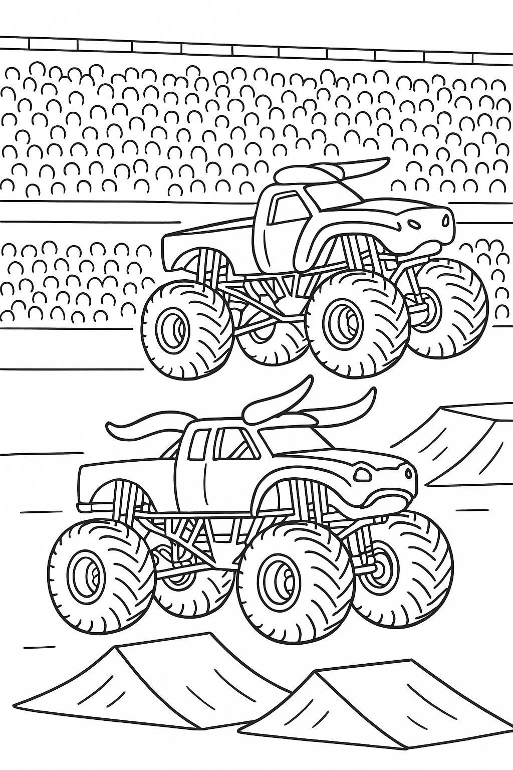 a monster truck in the style of monster mutt from monster jam with no eyeballs and a monster truck in the style of el toro loco from monster jam with no eyeballs jumping high off ramps at a monster jam competition with a crowd in the background