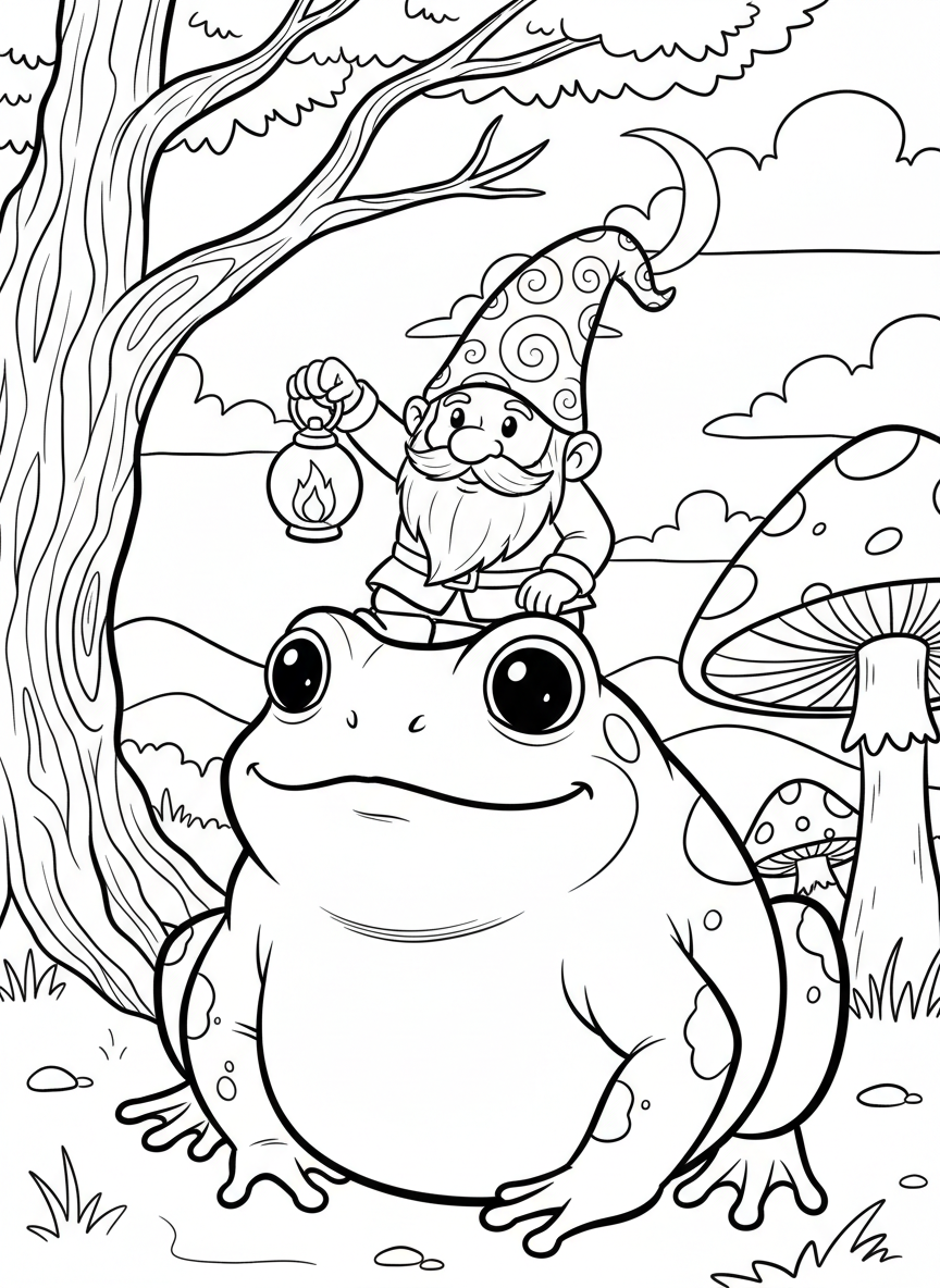 A small gnome riding on the back of a large friendly toad, wearing a pointed hat and carrying a lantern.