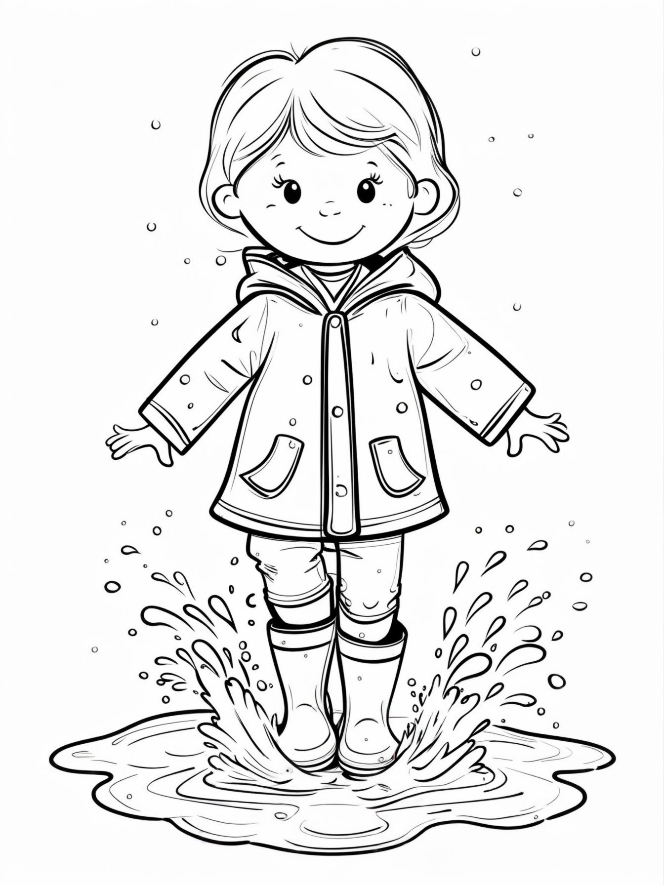 A child in a cute raincoat and rainboots (gender-neutral), happily jumping and splashing in a big puddle.
