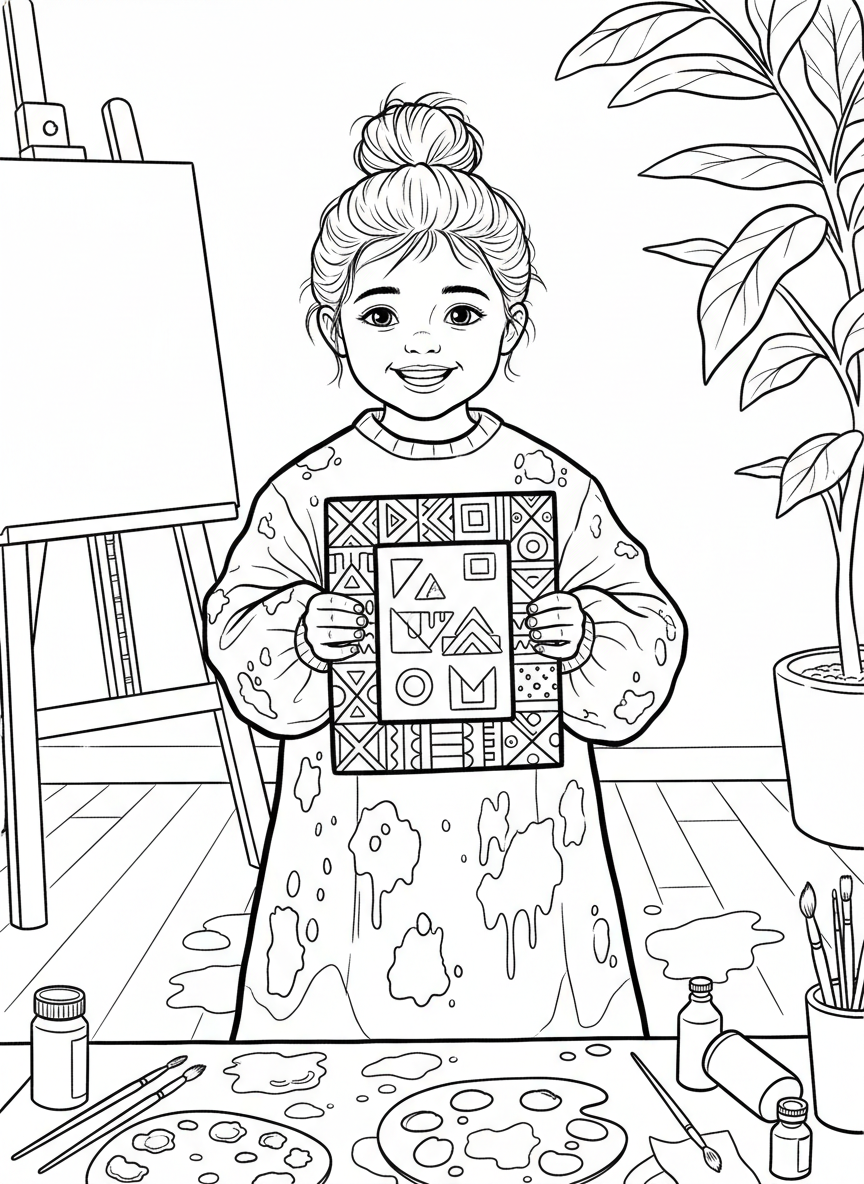 A smiling child wearing a paint-covered smock, holding a decorated ceramic picture frame with colorful geometric patterns.