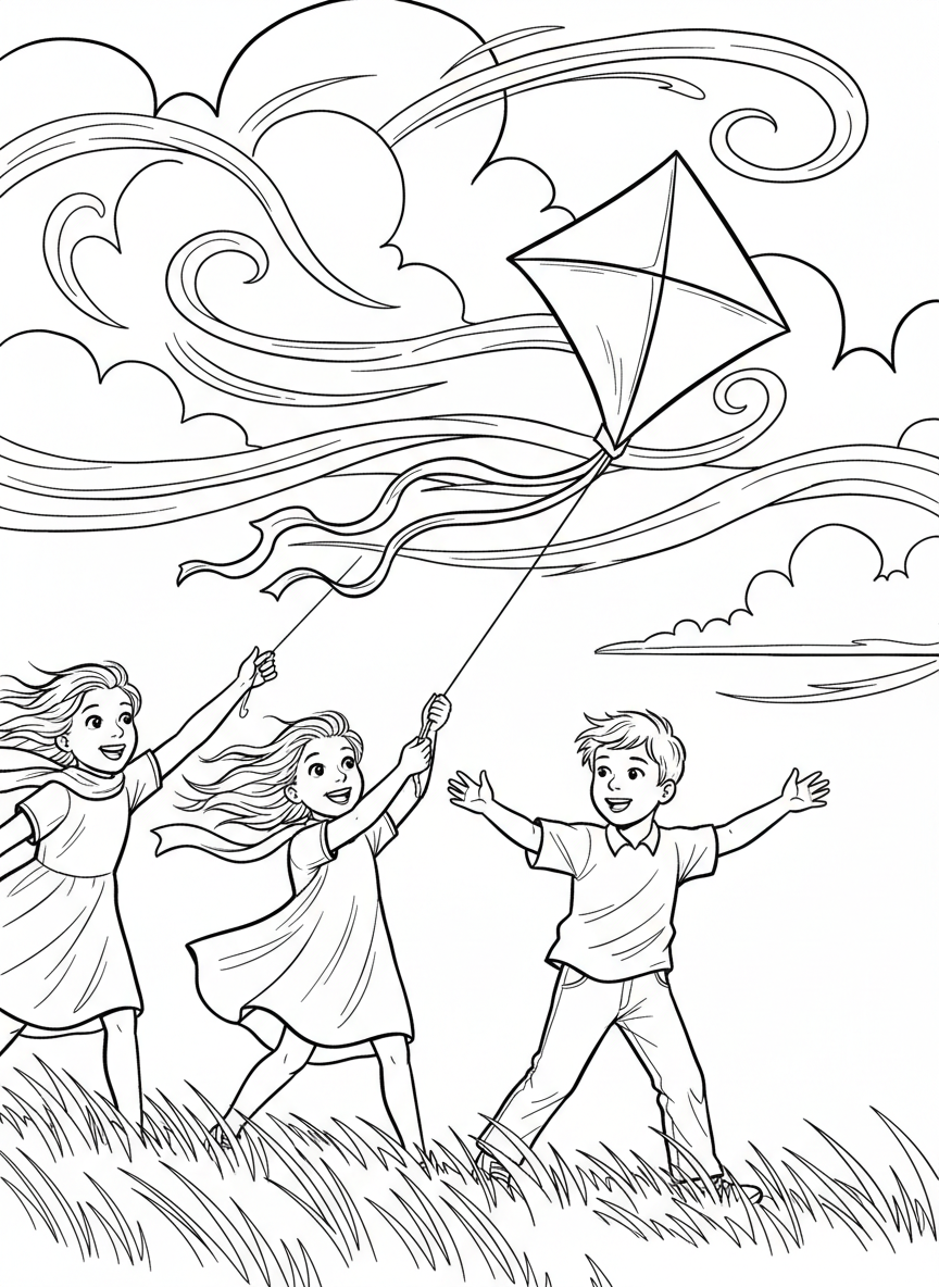 Children flying a kite on a windy spring day with clouds, swirling wind lines, and grass bending in the breeze.