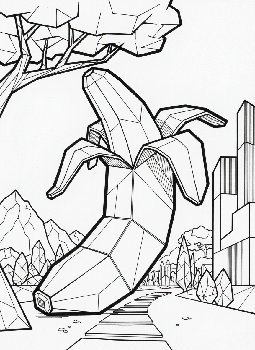 An origami-style banana with sharp angular folds creating the curved fruit shape, including geometric peel sections opening at the top.