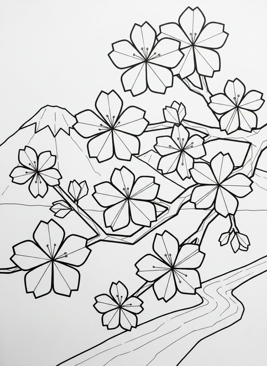 An origami cherry blossom branch with multiple small five-petaled flowers and angular twigs, showing delicate paper-folded details.