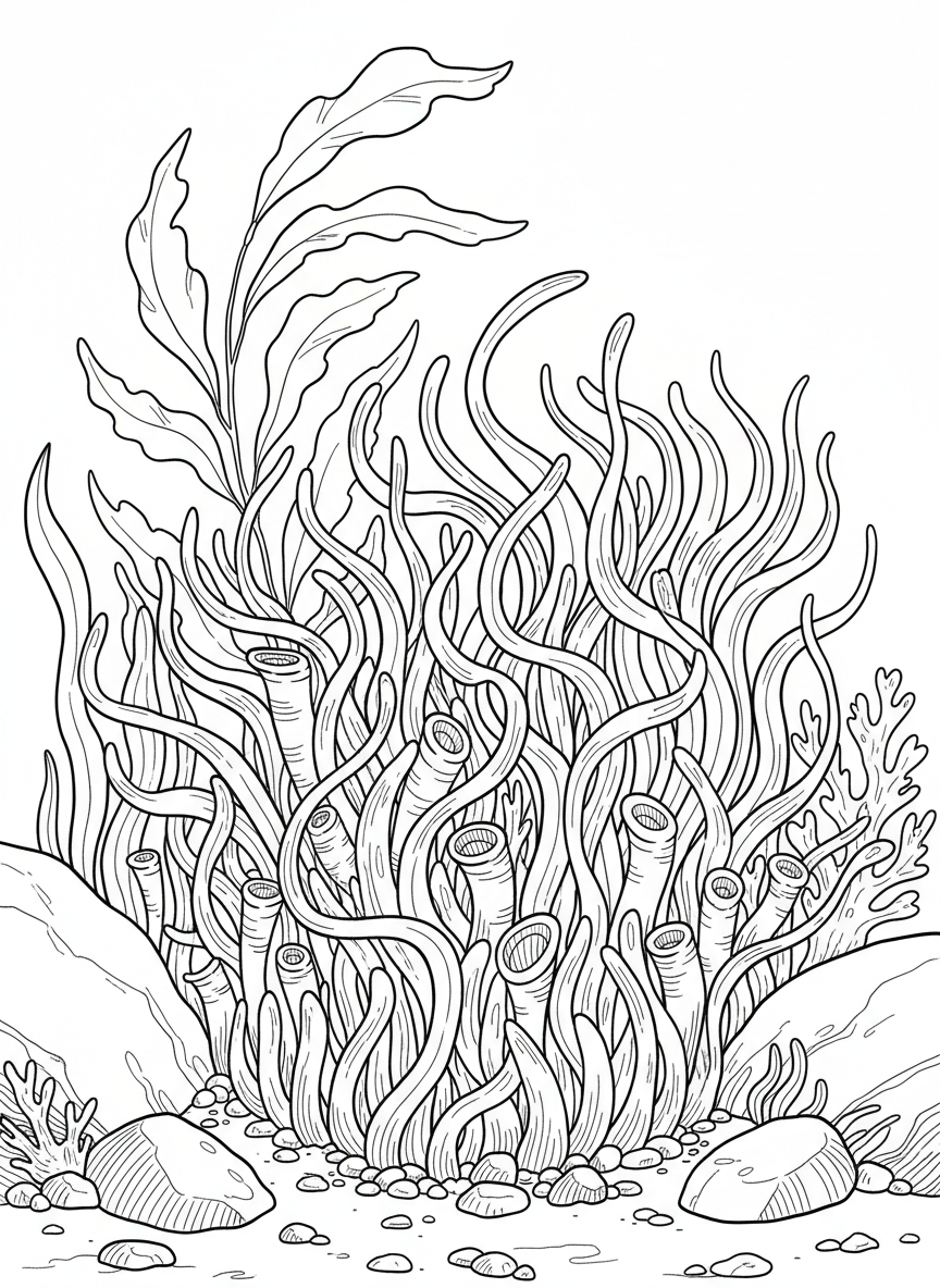Cluster of tube anemones reaching upward from the ocean floor, with flowing ribbon-like tentacles, vertical composition