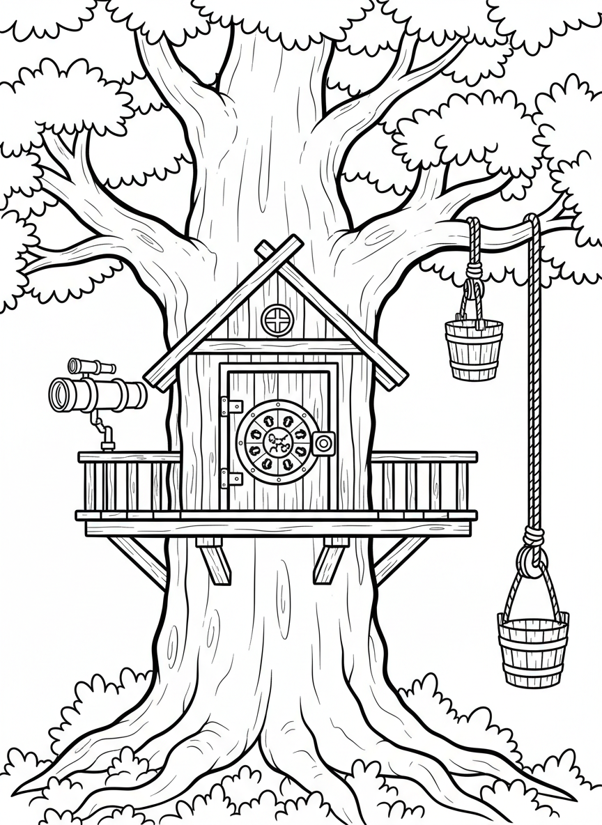 Treehouse with a secret password wheel lock on the door, a periscope, and a pulley system with multiple ropes and buckets.