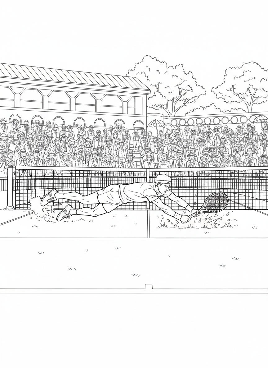 Wimbledon Finals coloring page prompts capturing tradition, grass courts, elegant crowds, and championship tennis drama.	A player diving forward near the net, stretching to reach a drop shot while grass blades scatter beneath them.