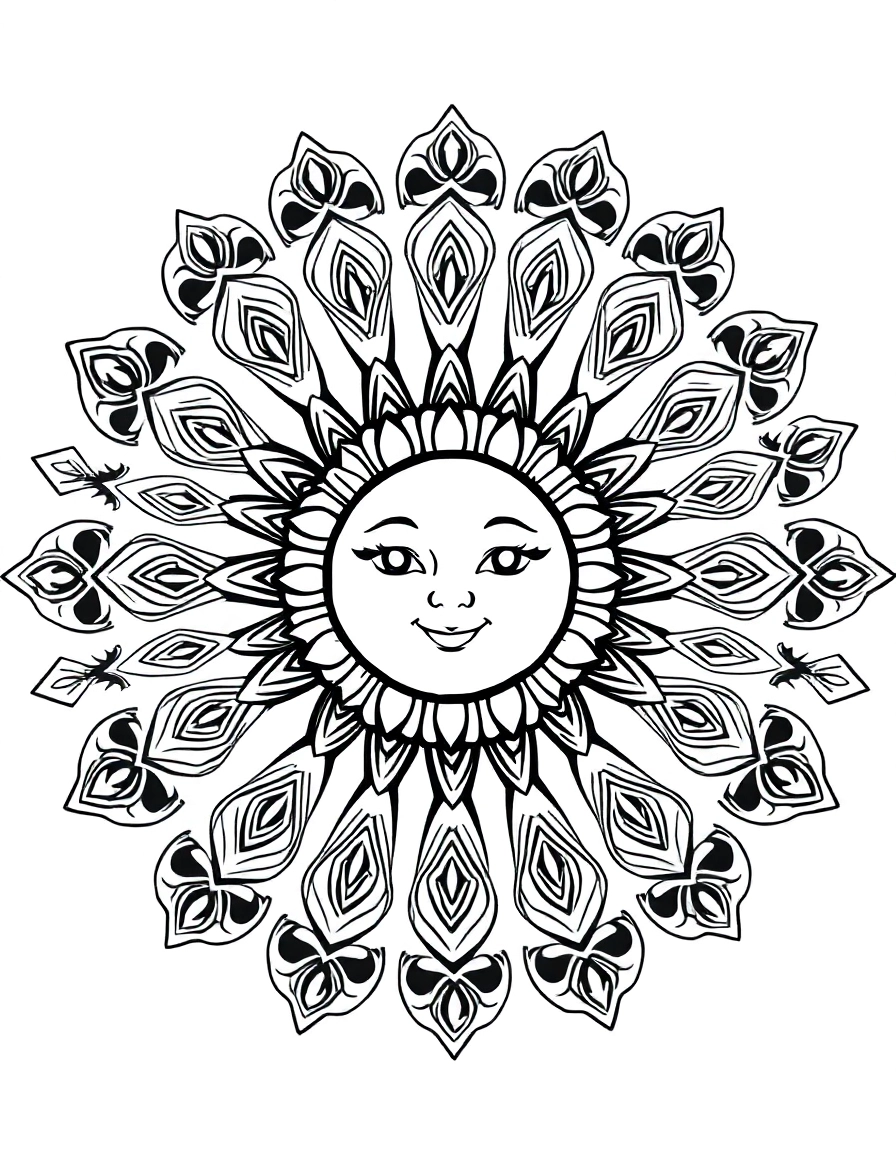 simple mandala: Sunny Days: A sun face in the center, with rays made of triangles and swirls extending to the edge of the page.