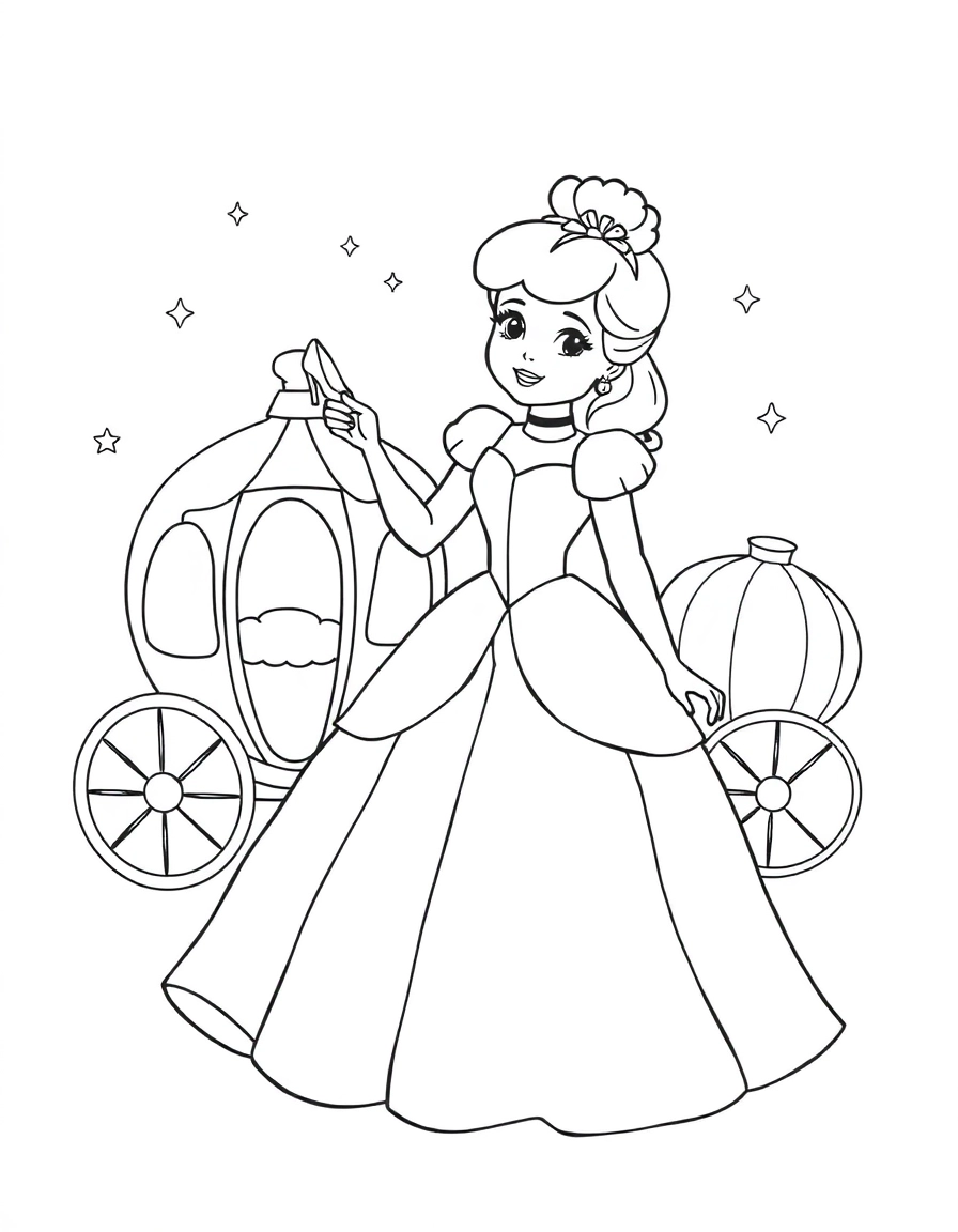 Cinderella – A girl in a ball gown holding one glass slipper, with a pumpkin carriage and starry night sky in the background.
