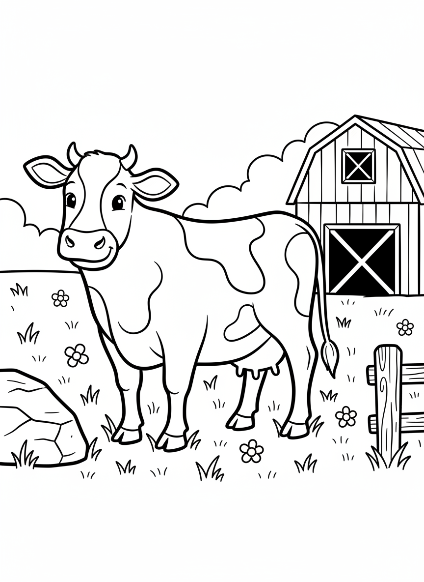 A friendly cow standing in a meadow with a barn in the background, featuring simple shapes and clean lines.