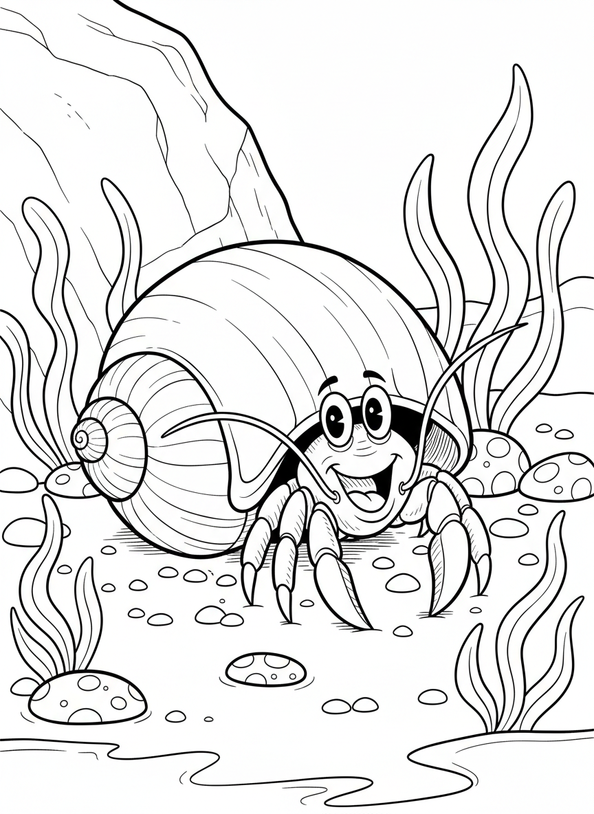 A cheerful hermit crab peeking out from a spiral shell, surrounded by small pebbles and seaweed in a shallow tide pool.