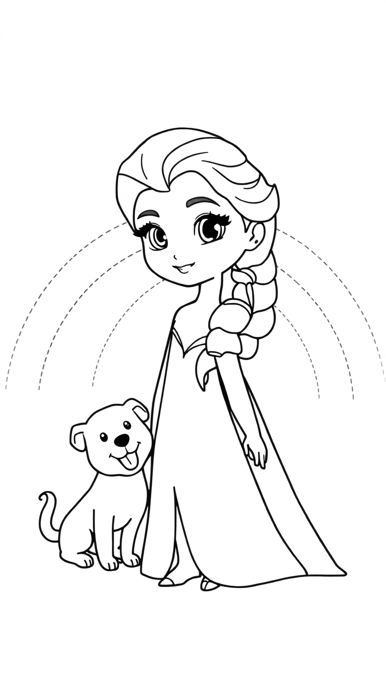Create a cute image of Elsa from Frozen. Include a rainbow in the background with a dogs