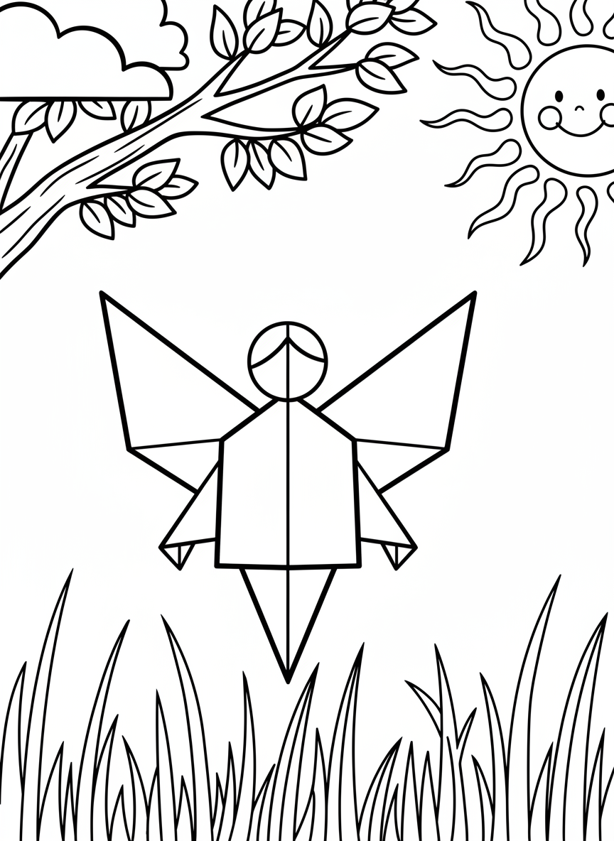 A simple origami fairy with basic triangle wings for young children, standing in grass with a smiling sun above