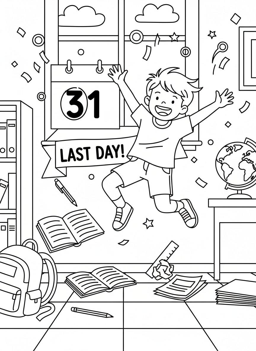 A child doing a happy jump with a calendar showing the last day circled, school supplies scattered around in celebration