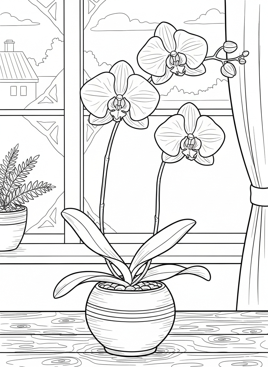 A single orchid plant with elegant curved stems and multiple blooms, in a simple pot, detailed line art.
