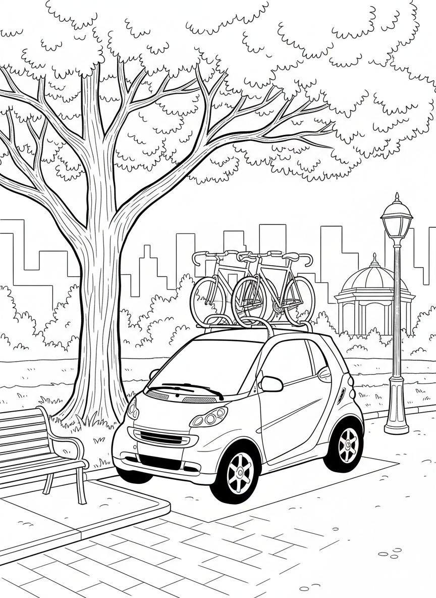 A smart car or tiny urban vehicle parked in a compact space, with a bicycle rack on top and city park scenery around it