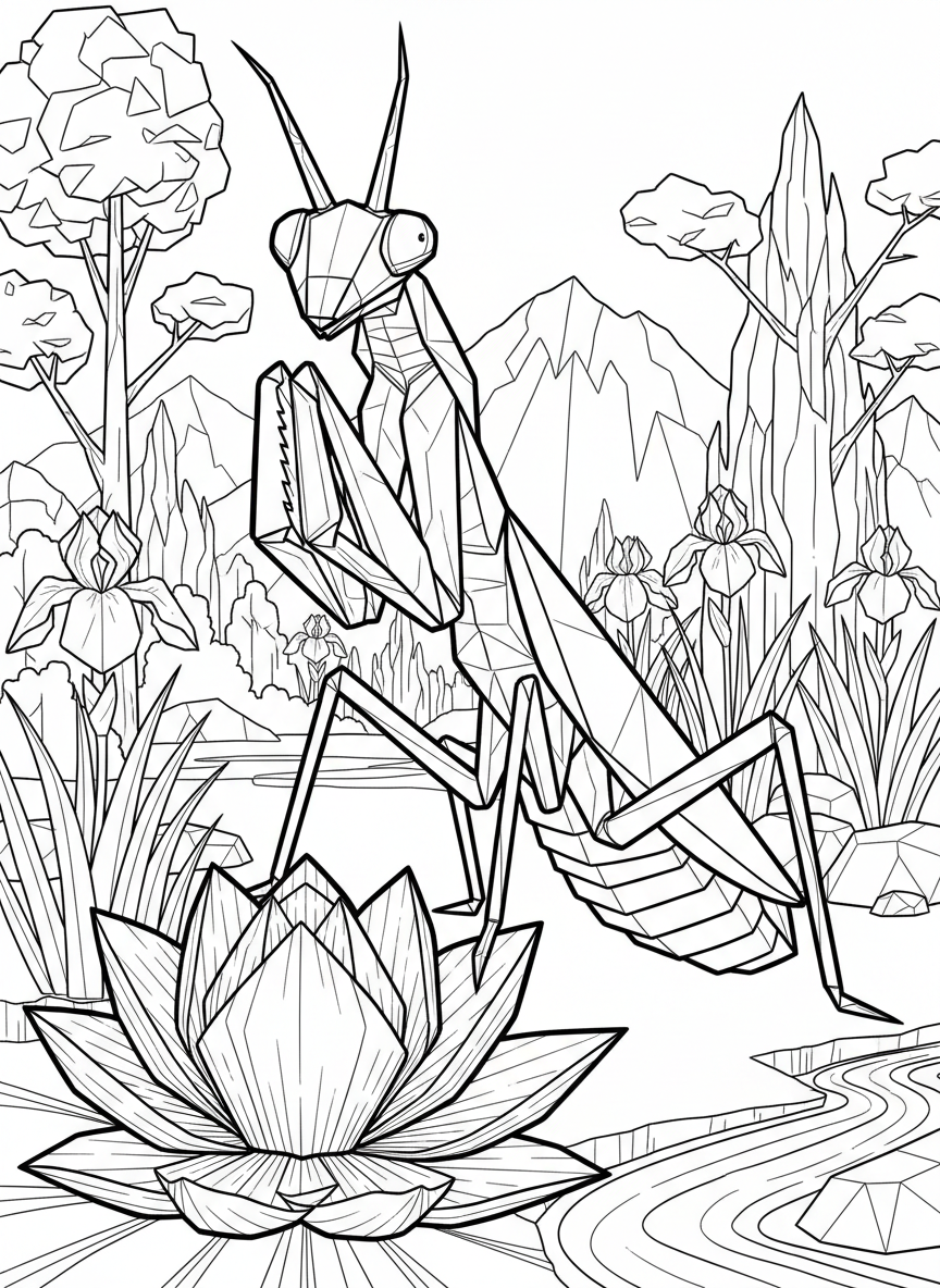 An origami praying mantis with folded front legs in prayer position, geometric triangular head and long body with visible crease lines