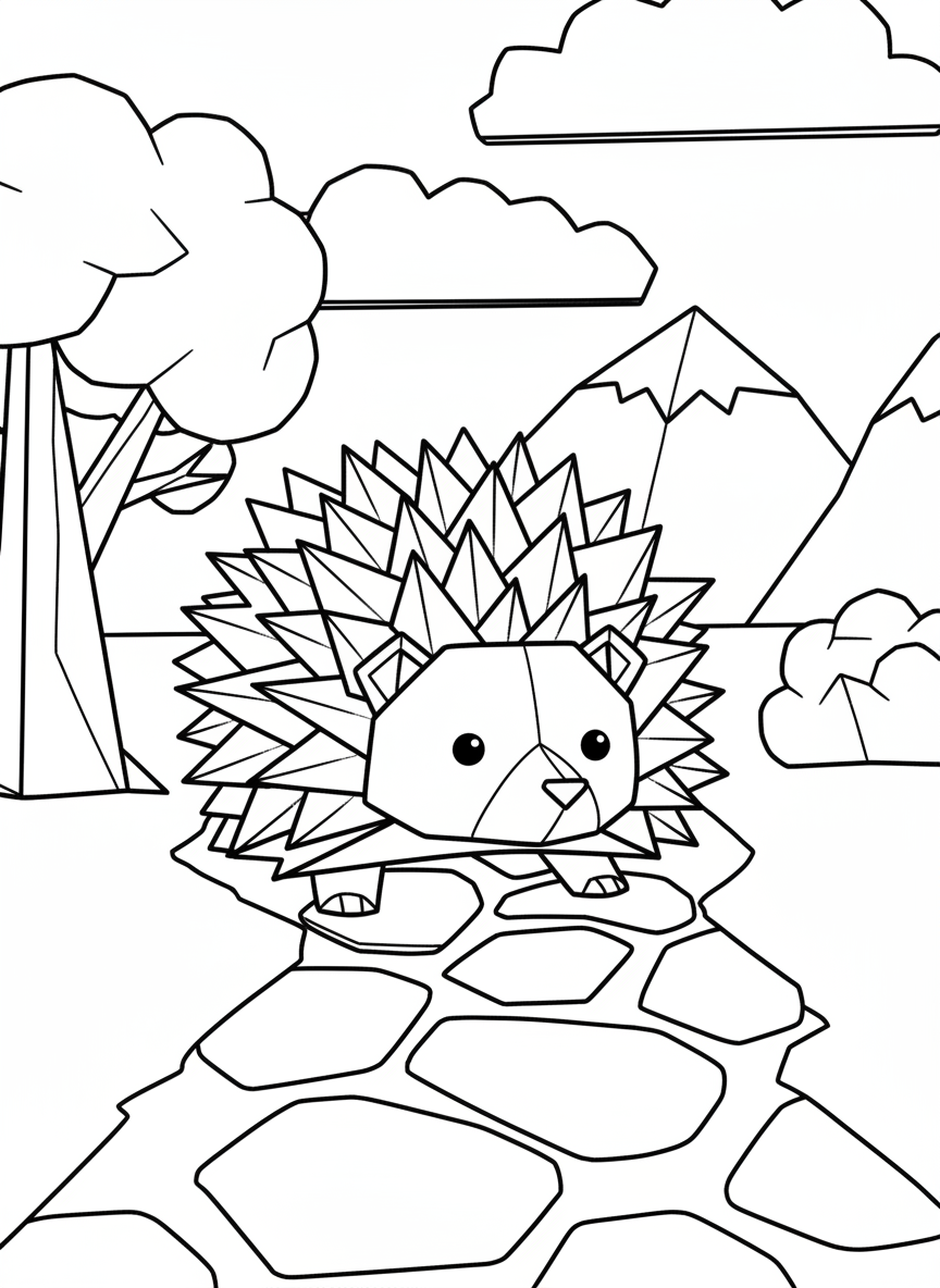 An origami hedgehog with pointed triangular spikes across its back, small face peeking out, cute and simple design