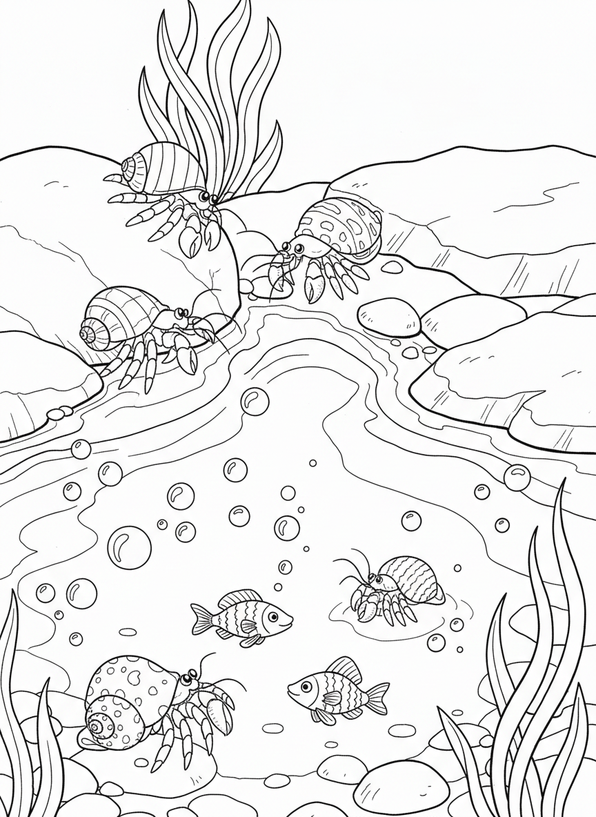 A group of baby hermit crabs in tiny shells playing near a large tide pool with bubbles, small fish, and sea grass.