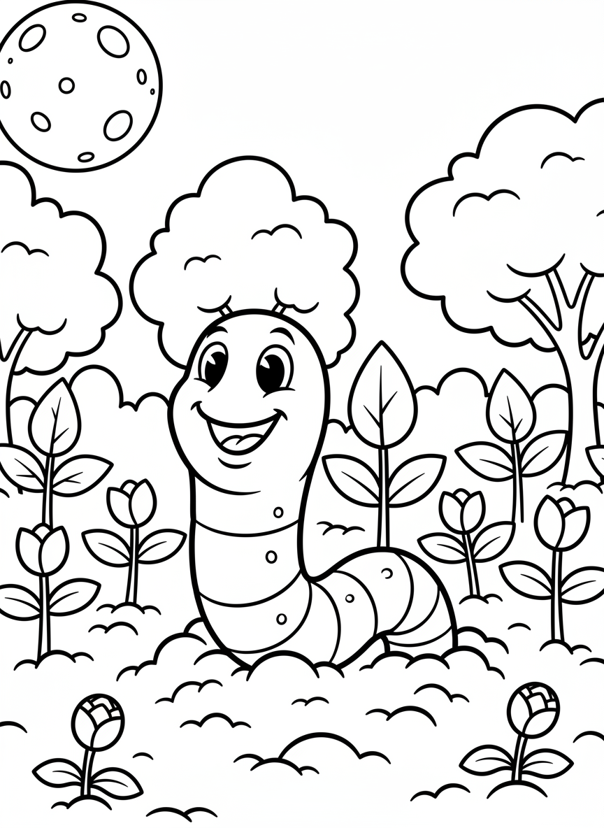A smiling earthworm popping out of the soil in a garden bed with sprouting seedlings and flower bulbs.