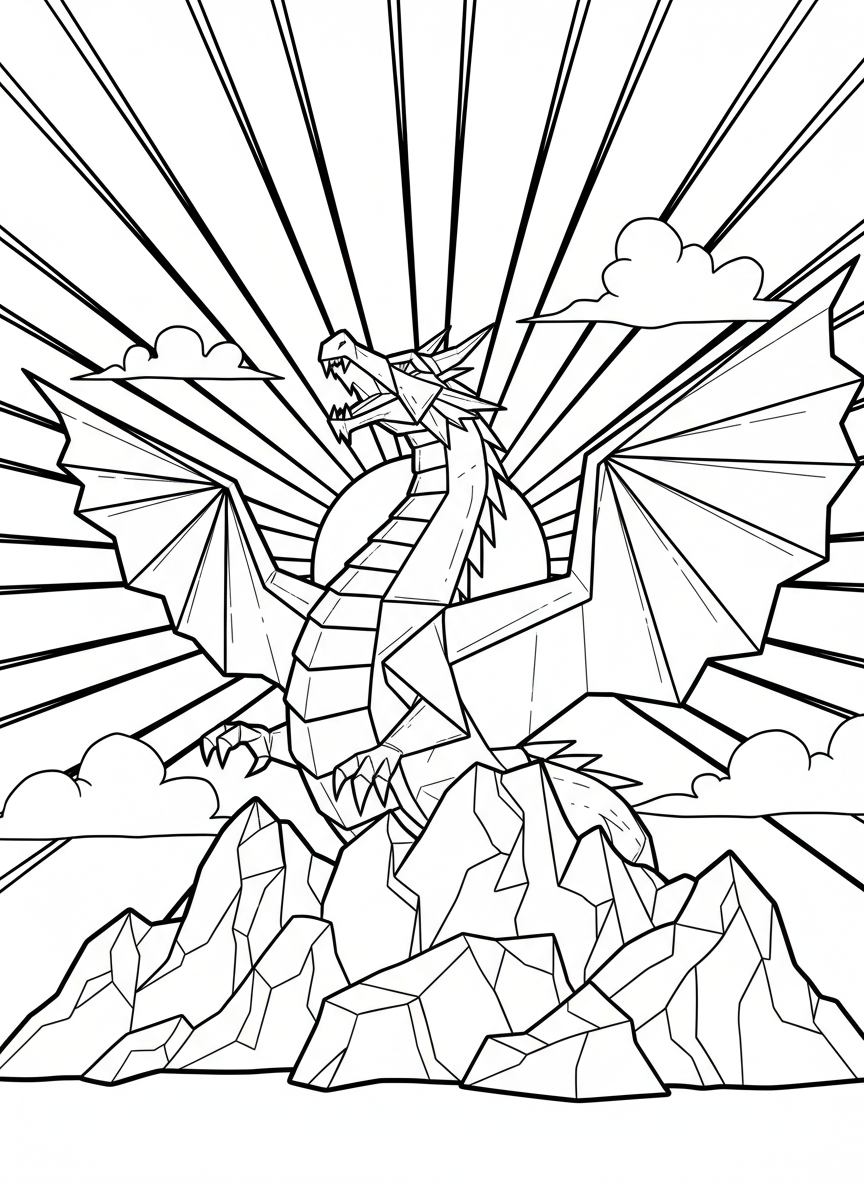 An origami dragon emerging from behind a mountain with sunrise rays, featuring bold geometric shapes and clear angular outlines.