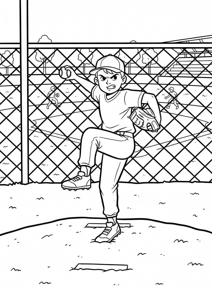 A child pitcher on the mound in mid-throw, one leg lifted high, baseball cap on, with a focused expression.