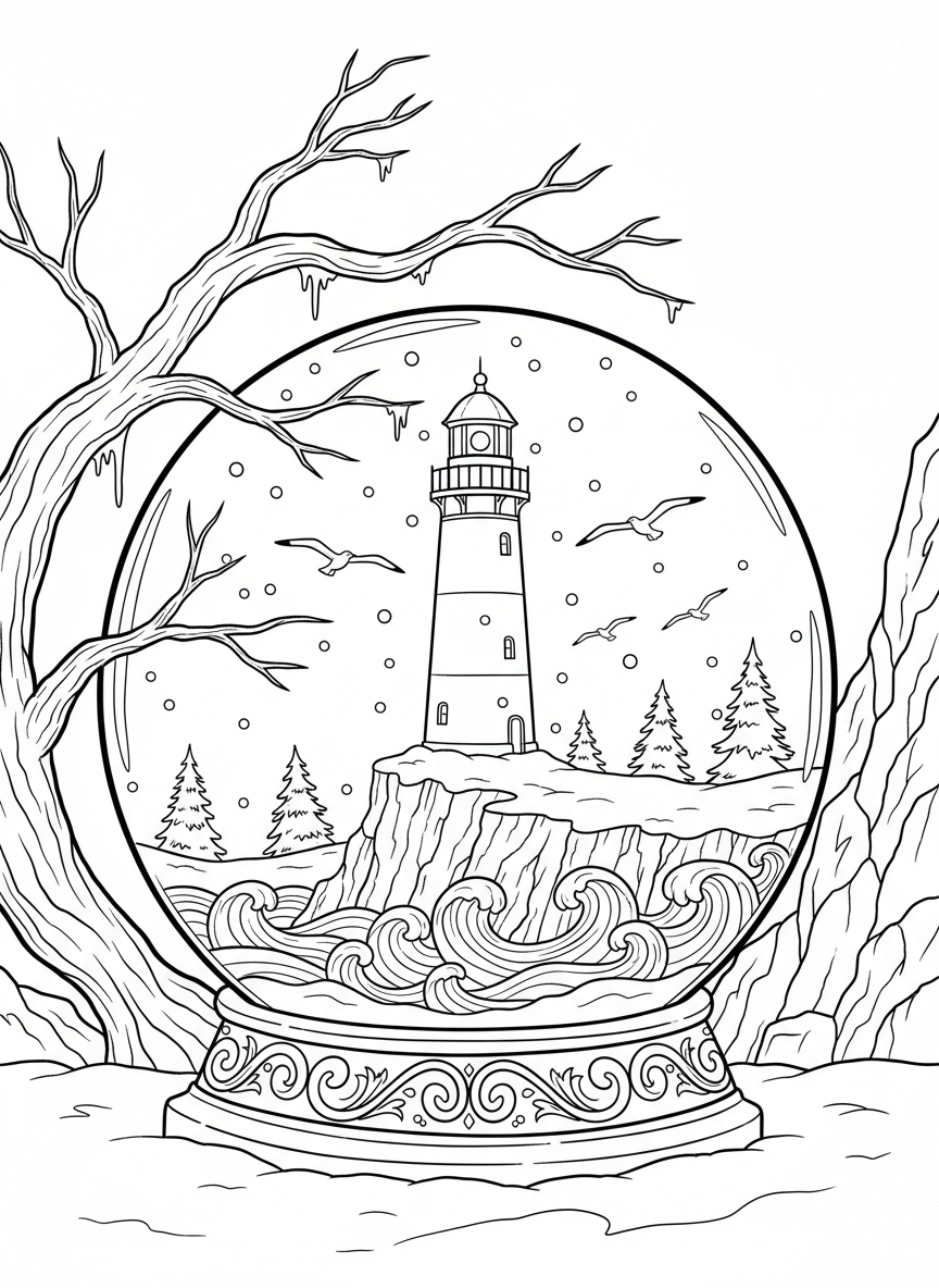 A snow globe featuring a lighthouse on a snowy cliff with waves below, snowflakes and seagulls frozen in the swirling scene inside.