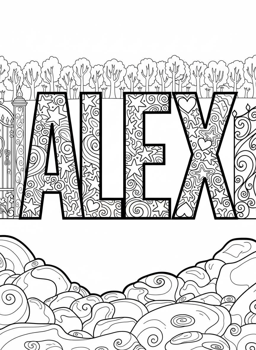 The name ALEX in bold block letters filled with stars, hearts, and swirls patterns inside each letter, black and white outline