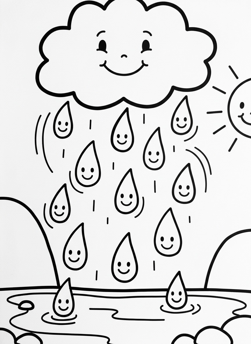 Playful raindrops with smiling faces falling from a cloud, simple shapes ideal for preschoolers