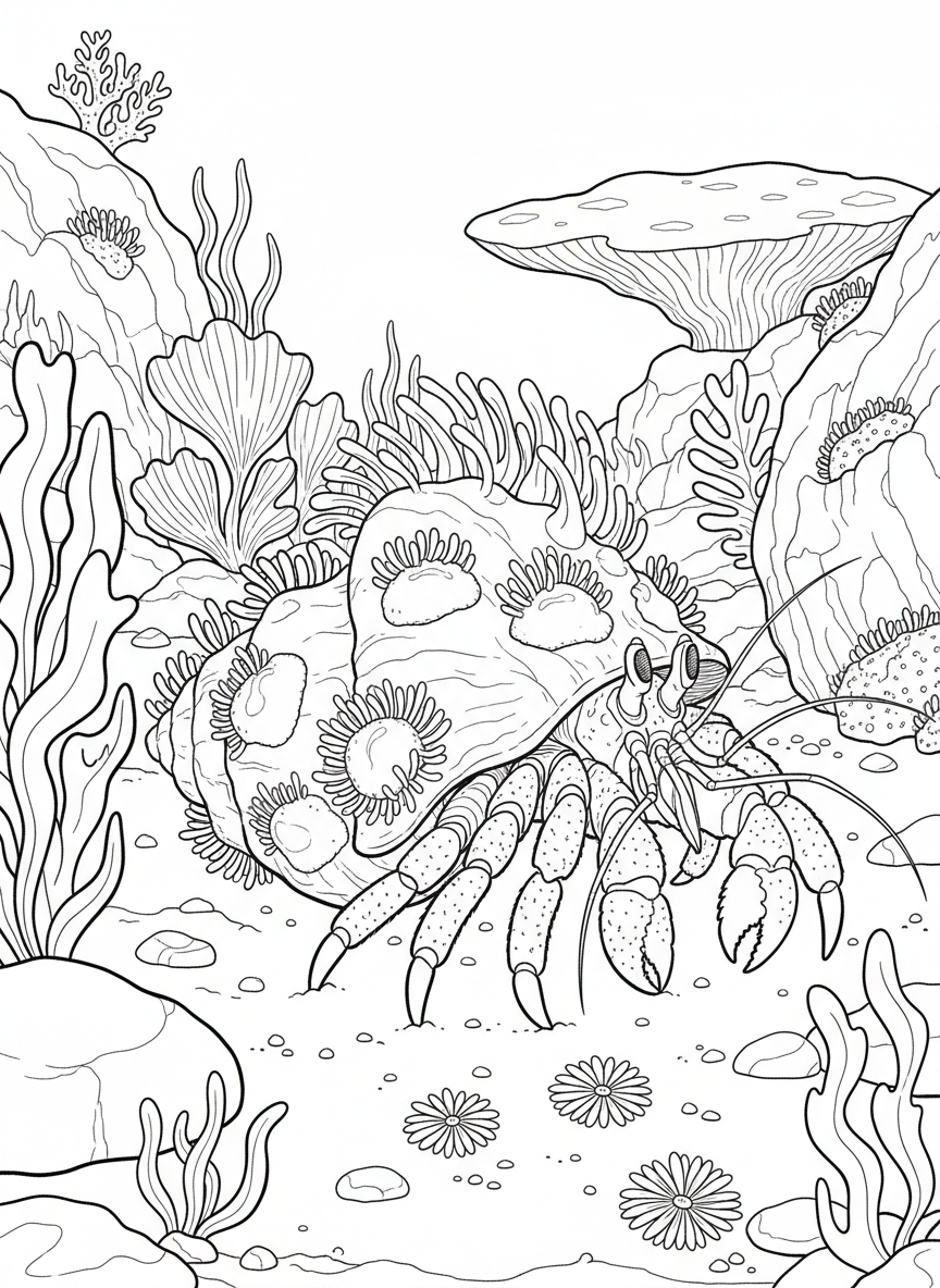 A hermit crab decorated with sea anemones growing on its borrowed shell, walking past tide pool plants.