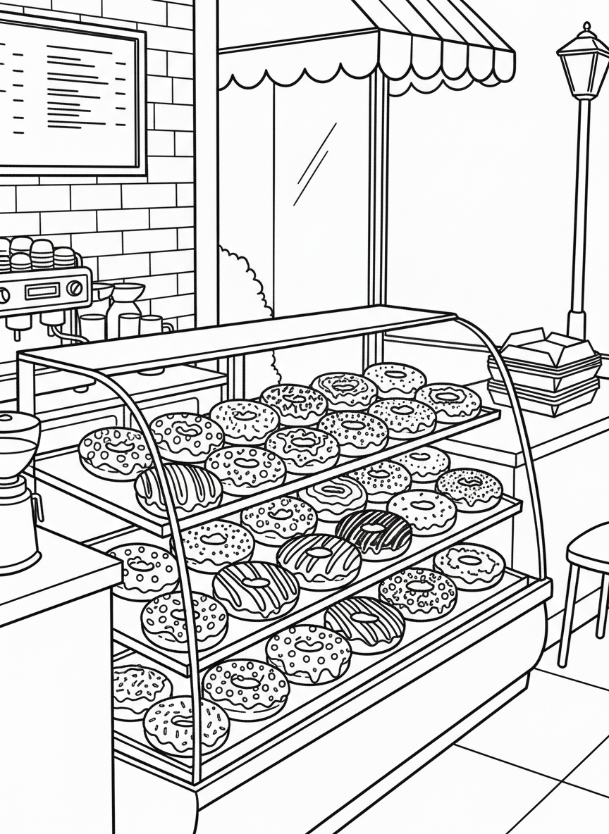 A donut shop display case filled with various donuts featuring different toppings like sprinkles, glaze, and frosting patterns.