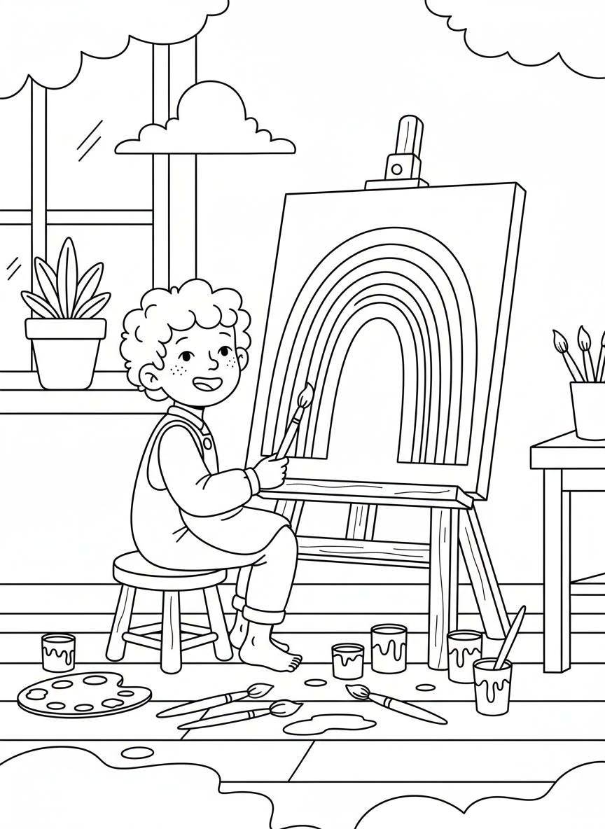 A cheerful child sitting at an easel painting a colorful rainbow on a large canvas, with paint jars and brushes scattered on the floor nearby.
