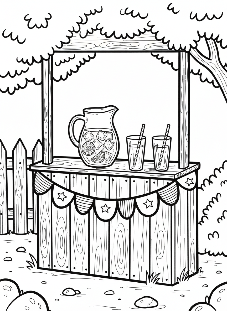 A lemonade stand decorated with red, white, and blue bunting, with a pitcher and cups on the table.