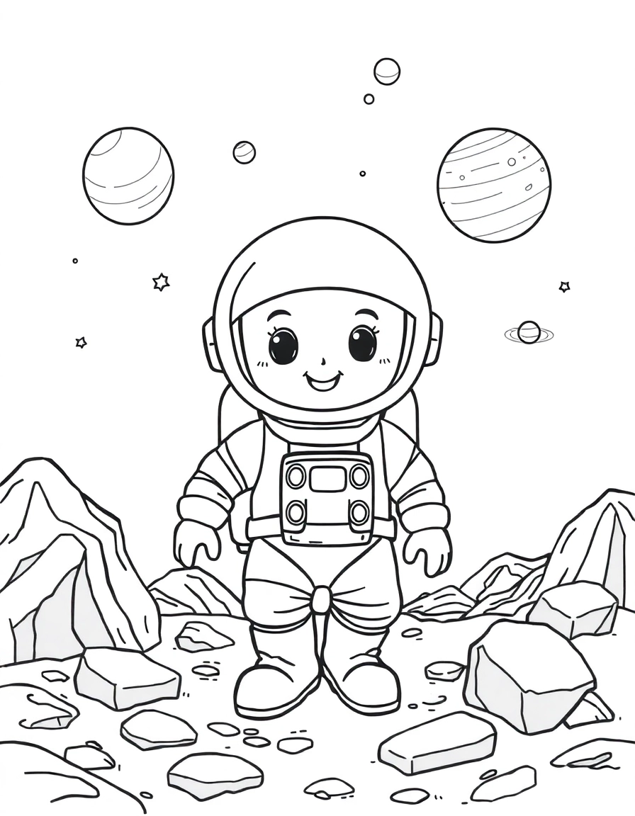 An astronaut smiling with a cute face exploring an alien planet, rocky terrain underfoot and distant planets in the sky