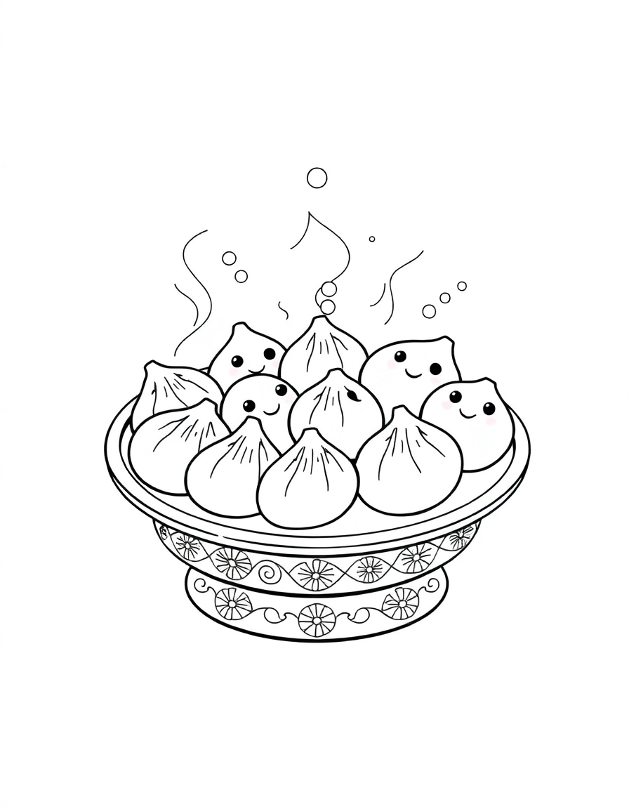 Dumpling Dinner: A steaming plate of cute dumplings (some with smiley faces) sitting on a round table.