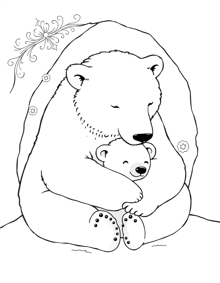 Polar Bear Hug: A mama polar bear cuddling a tiny cub in a snowy den, looking warm and cozy.
