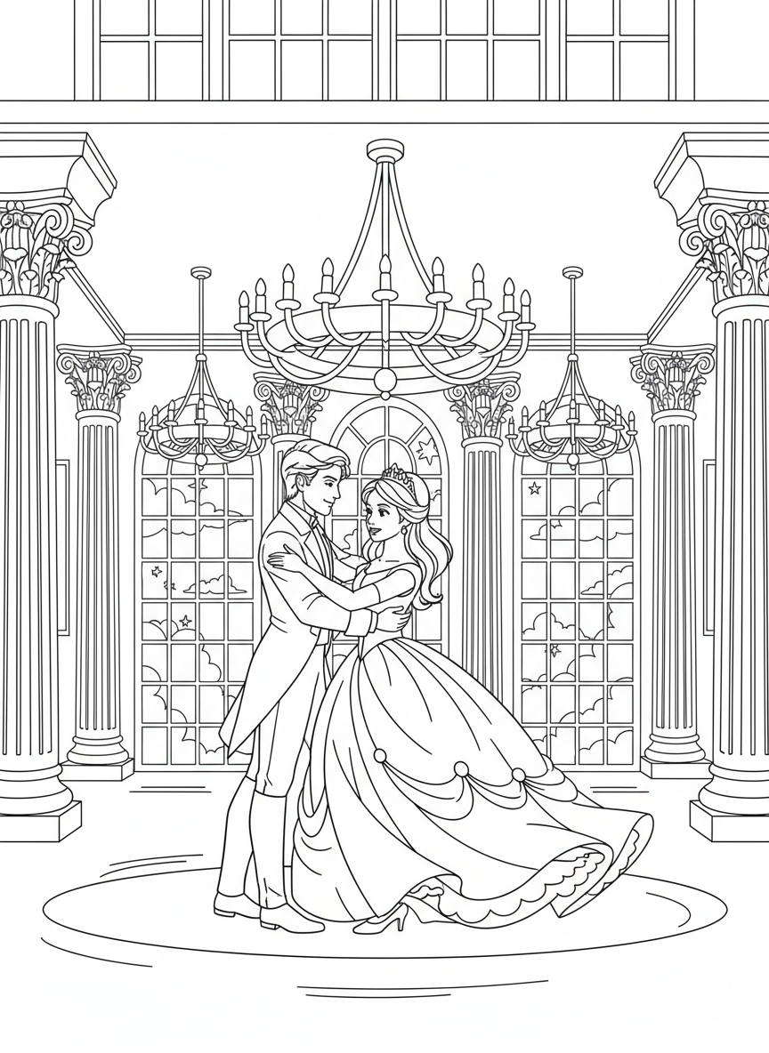 A prince and princess dancing together in a grand castle ballroom with chandeliers, tall windows, and decorative columns.